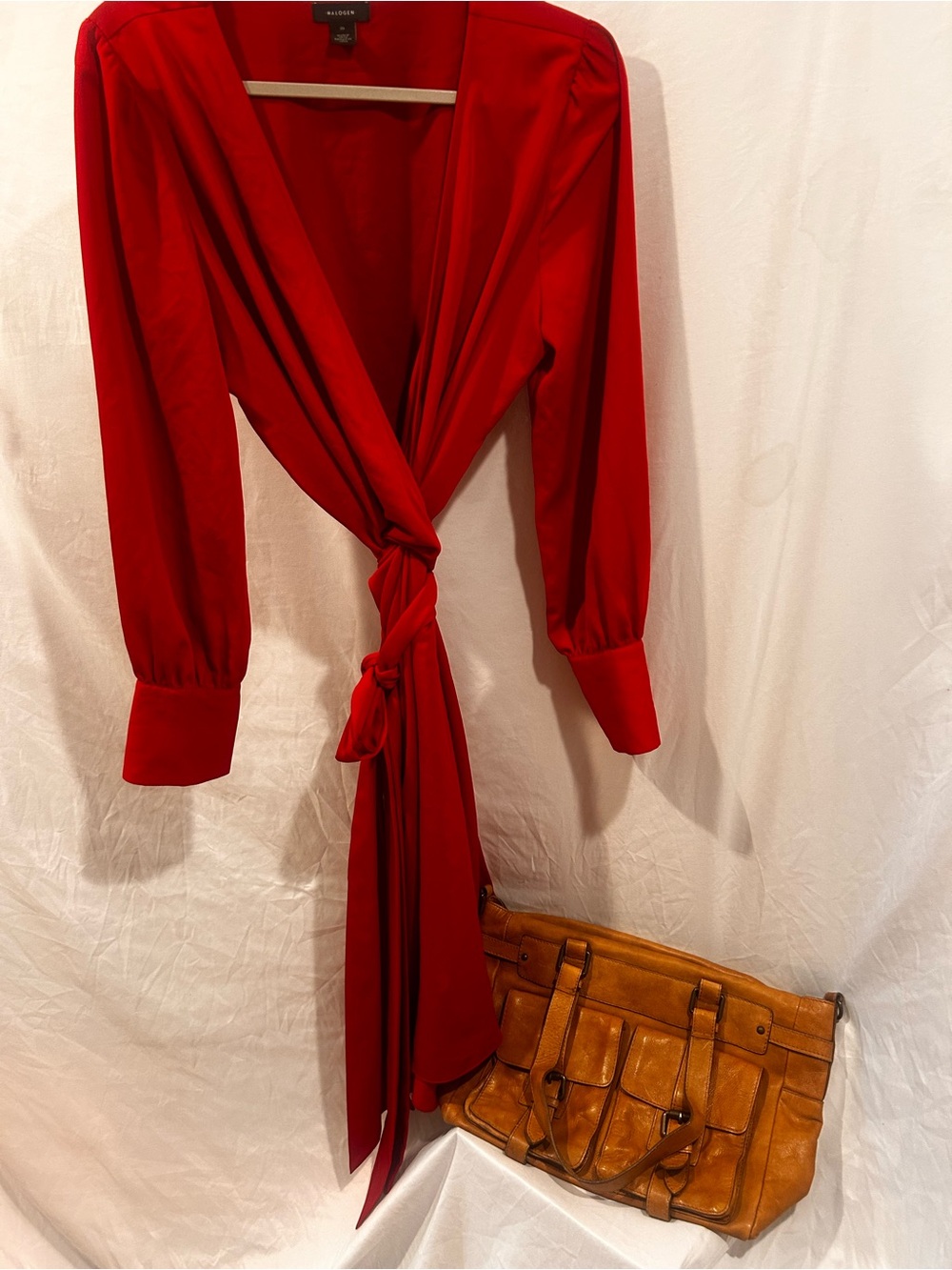 PACKAGE DEAL! ✨ Halogen Red V-Neck Wrap Dress and Halogen brown leather purse